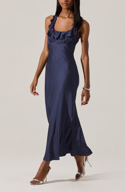Astr The Label Morrigan Ruffle Halter Satin Maxi Dress In Blue