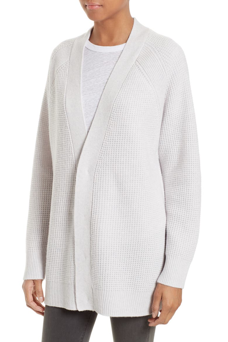 Waffle Stitch Boyfriend Cardigan, Alternate, color, HEATHER WHITE