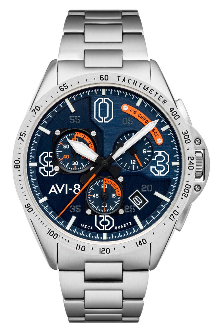 P-51 Mustang Blakeslee Chronograph Bracelet Watch, 43mm, Main, color, BLUE/ SILVER