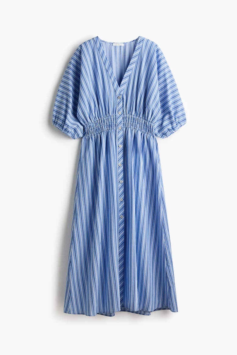 Smocked-waist Button-front Dress, Alternate, color, Blue/striped