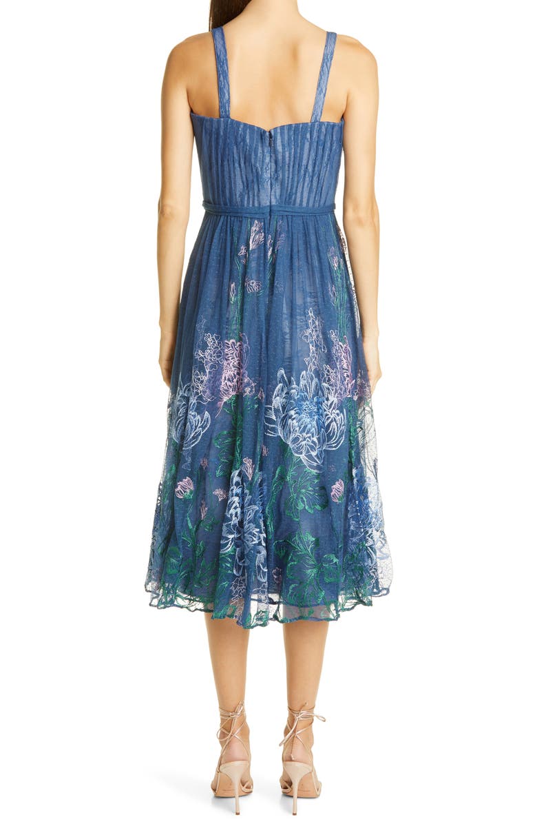 Marchesa Notte Embroidered Mesh Midi Cocktail Dress, Alternate, color,