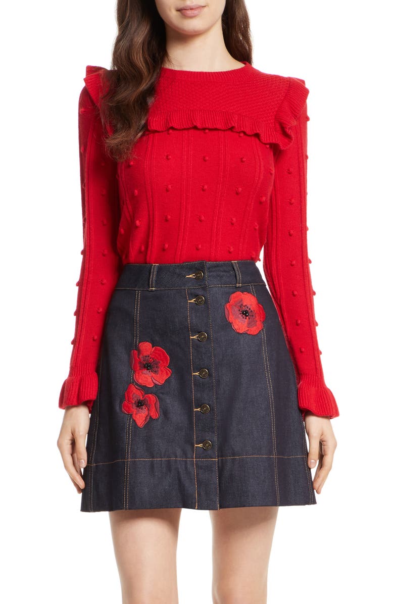 Kate Spade New York ruffle yoke sweater, Main, color, Charm Red