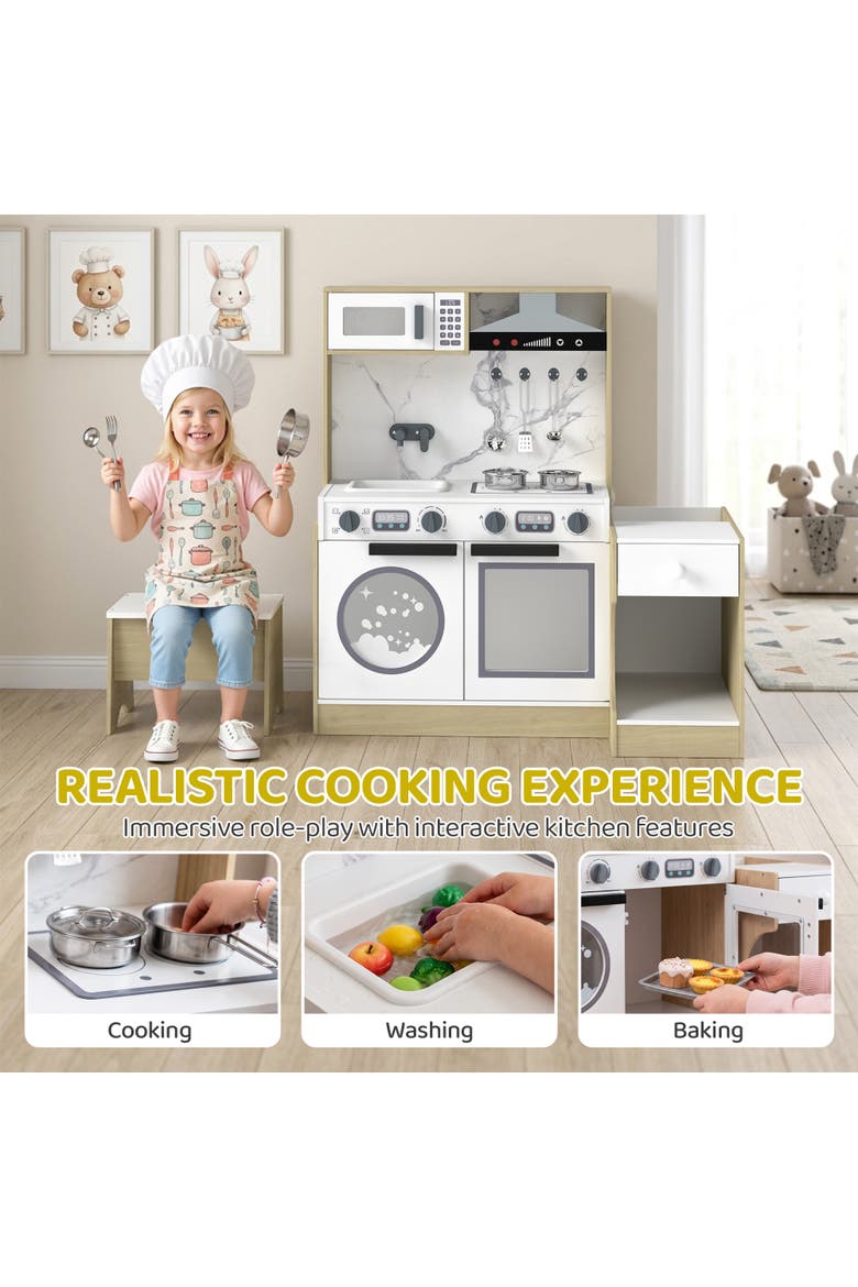 2-in-1 Kids Play Kitchen Set with Table and Chair, Sink, Oven, Cookware, Ages 3-8, Alternate, color, Natural wood finish