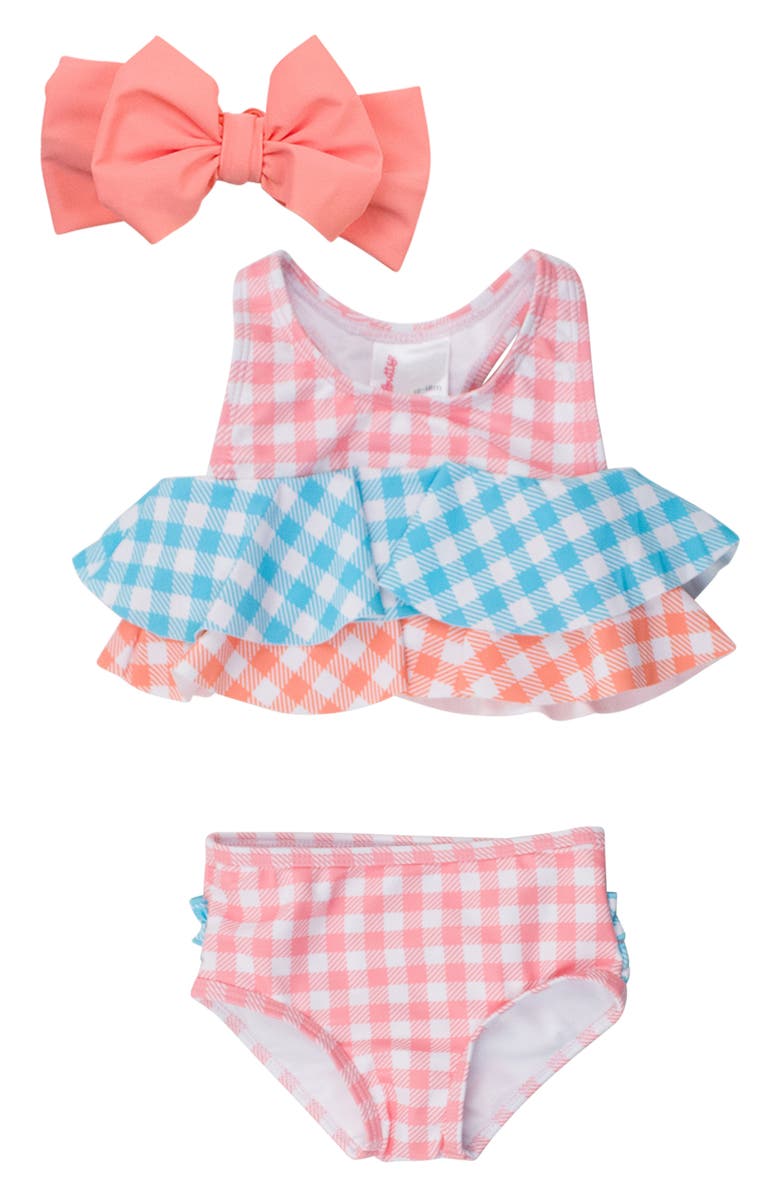 RuffleButts Seaside Gingham Two-Piece Swimsuit & Headband Set, Main, color, Orange