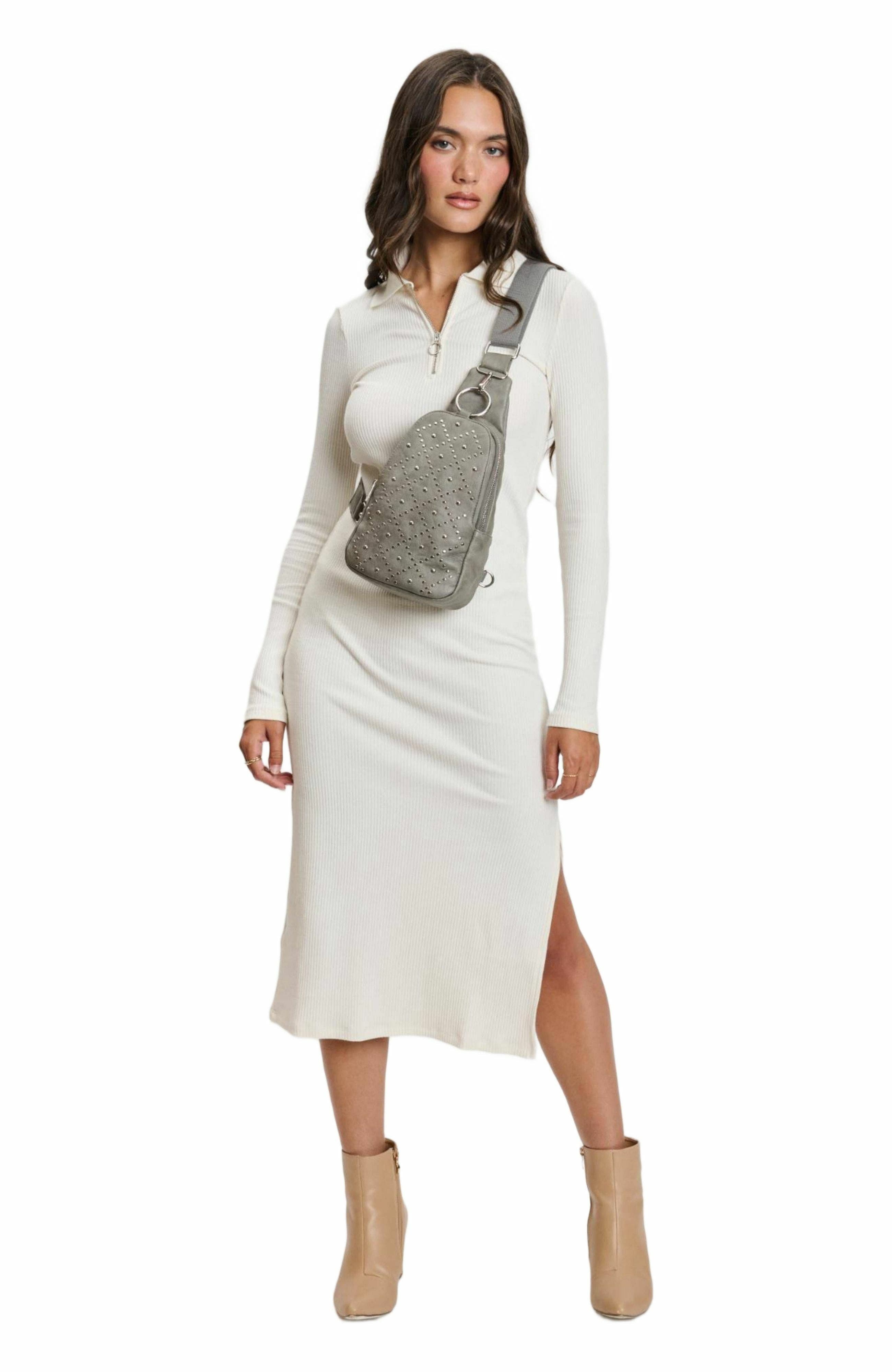 MODA LUXE Regina Studded Sling Backpack, Alternate, color, Grey