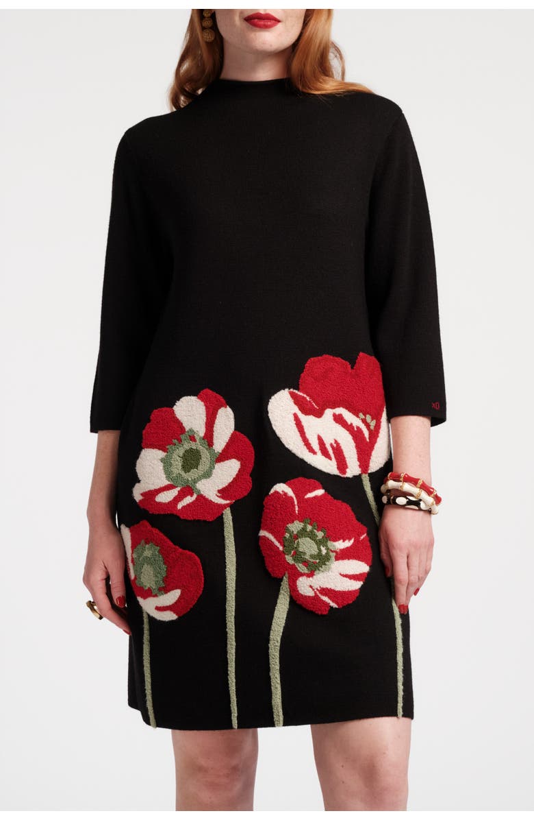 Frances Valentine Annie Dress w/Embroidered Flowers<br />Paradise Poppy Wool Blend, Main, color, Black/Red/Multi