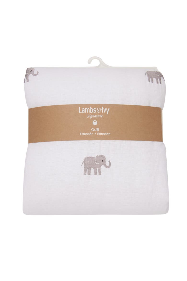 Signature Elephant Creamy Linen Embroidered Baby Crib Quilt, Alternate, color, Oatmeal