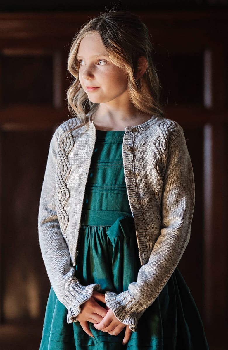 Hope & Henry Kids' Organic Cropped Ruffle Cuff Cable Sweater Cardigan, Alternate, color, Gray Heather