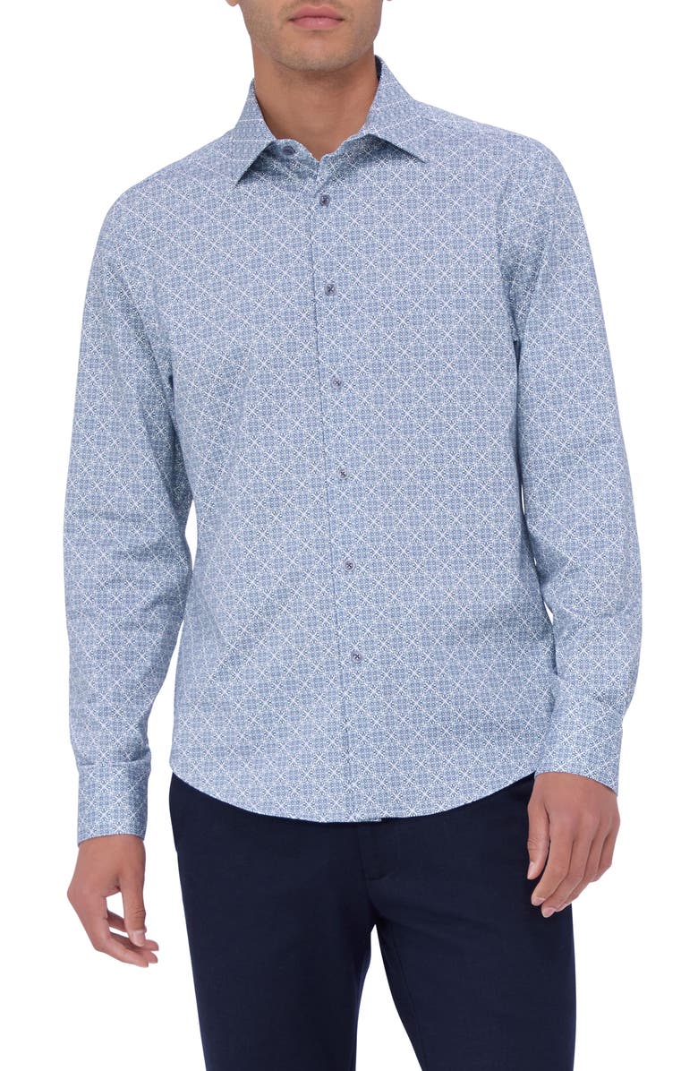 Bugatchi James OoohCotton<sup>®</sup> Geo Print Button-Up Shirt, Main, color, Dusty Blue