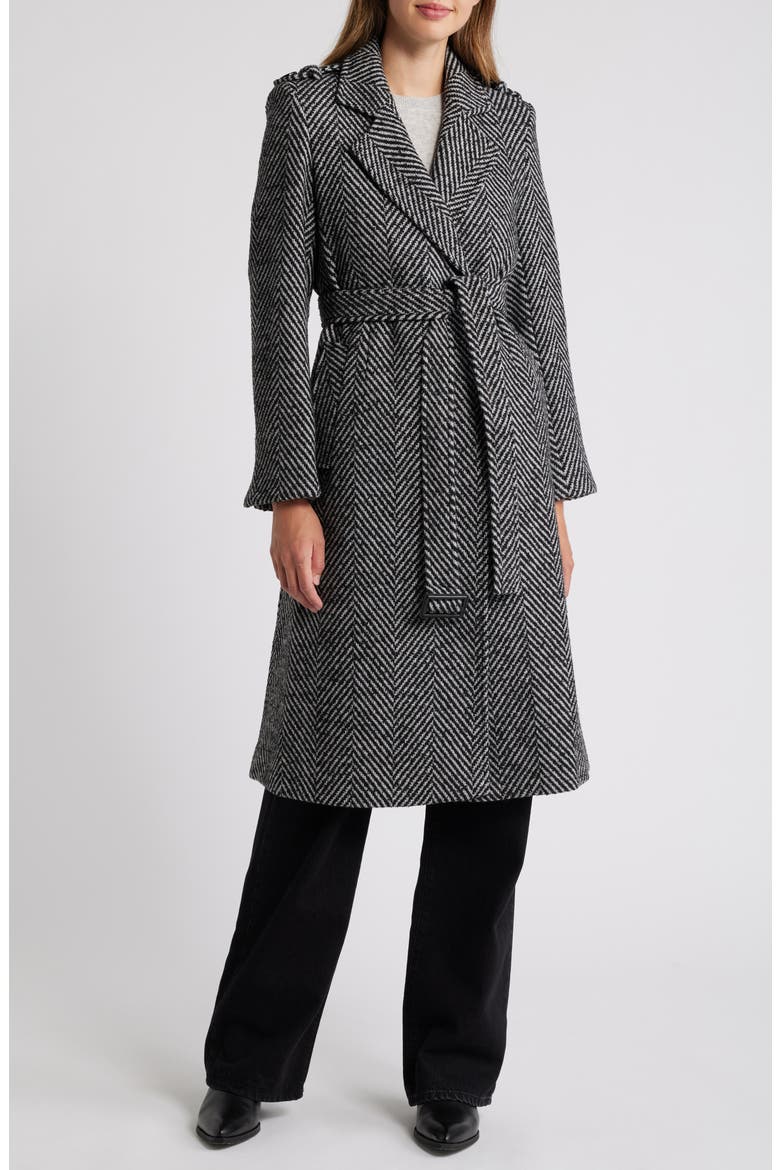 Chevron Tie Waist Coat, Main, color, BLACK/ WHITE HERRINGBONE
