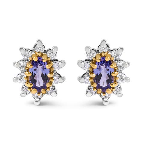 14K Yellow Gold 1/4 Cttw Diamond andTanzanite Halo Stud Earrings