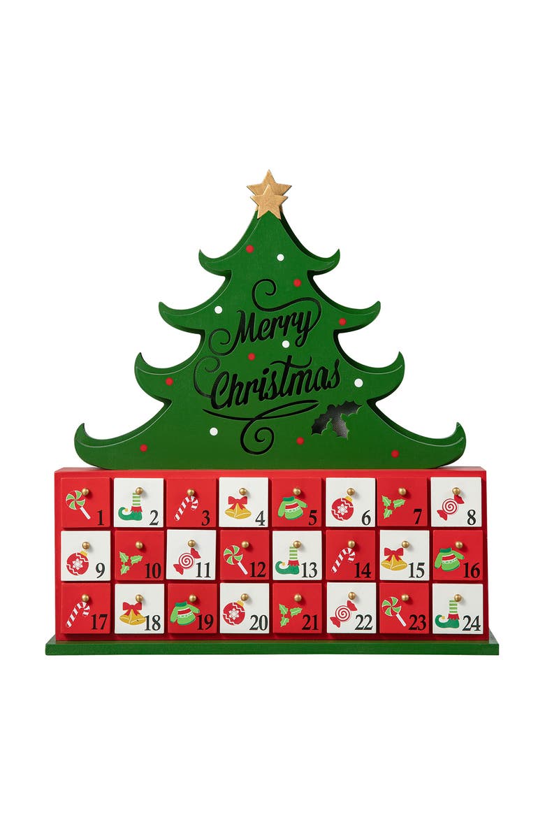 Glitzhome 15"H Lighted Wooden Christmas Tree Advent Countdown Calendar, Main, color, 
