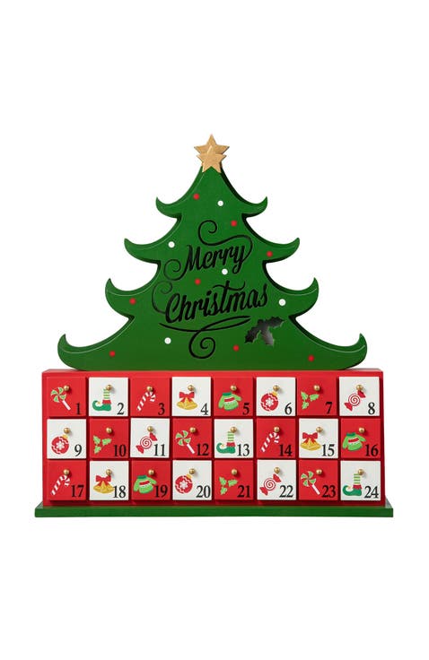 15"H Lighted Wooden Christmas Tree Advent Countdown Calendar