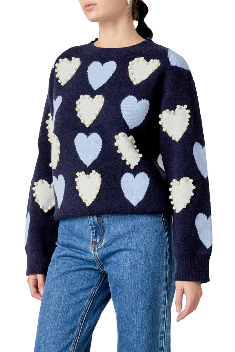 Heart Faux Pearl Embellished Crewneck Sweater, Alternate, color, NAVY MULTI
