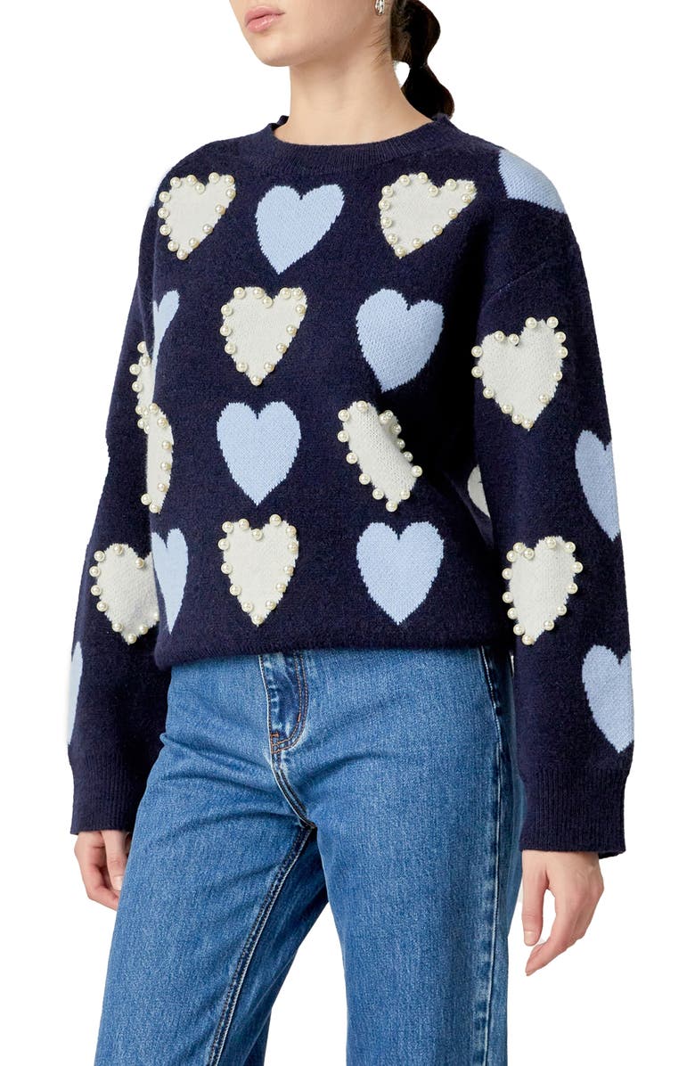 English Factory Heart Faux Pearl Embellished Crewneck Sweater, Alternate, color, Navy Multi
