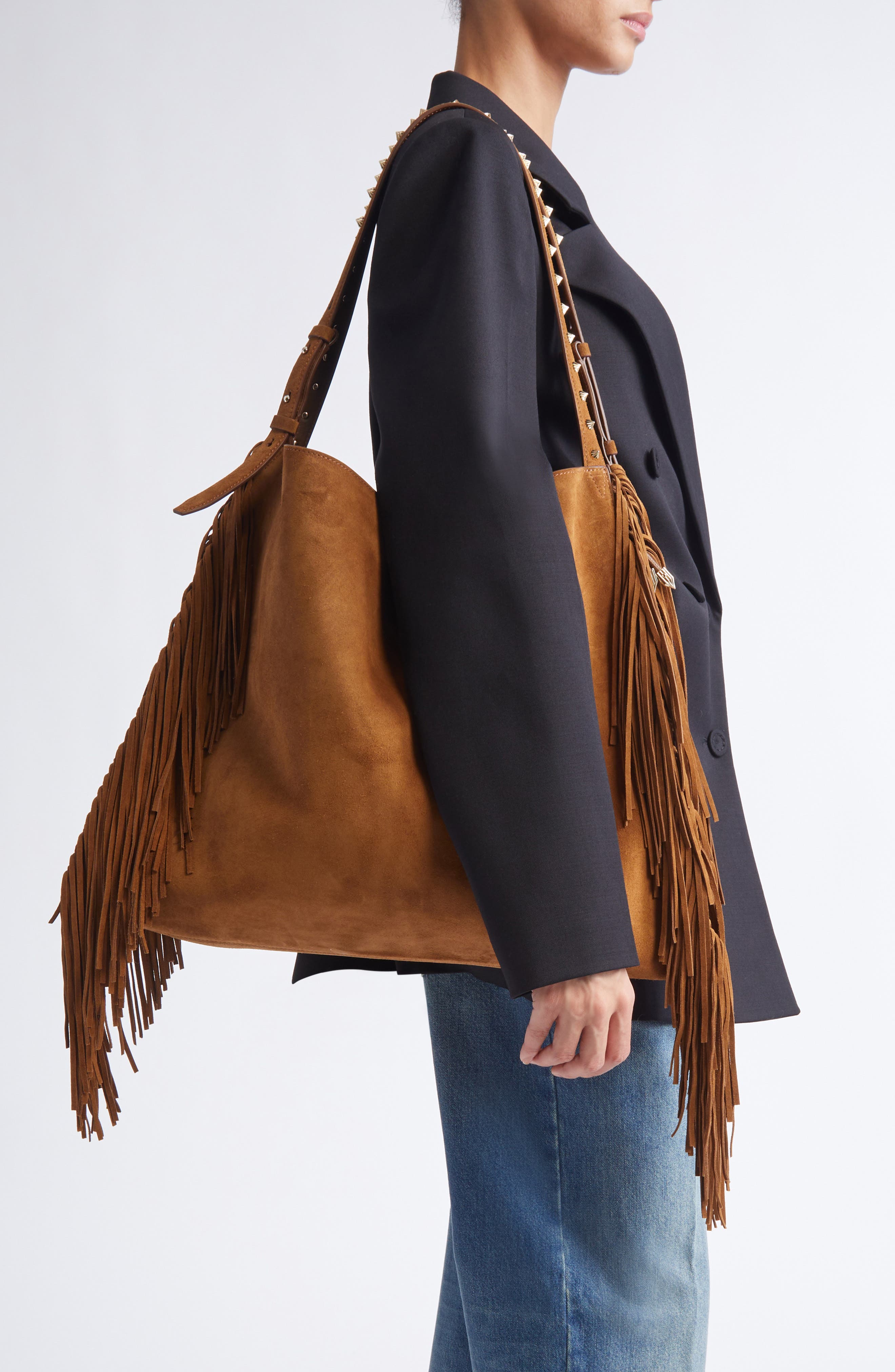 Christian Louboutin Baggy Fringe Suede Tote, Alternate, color, Rhea