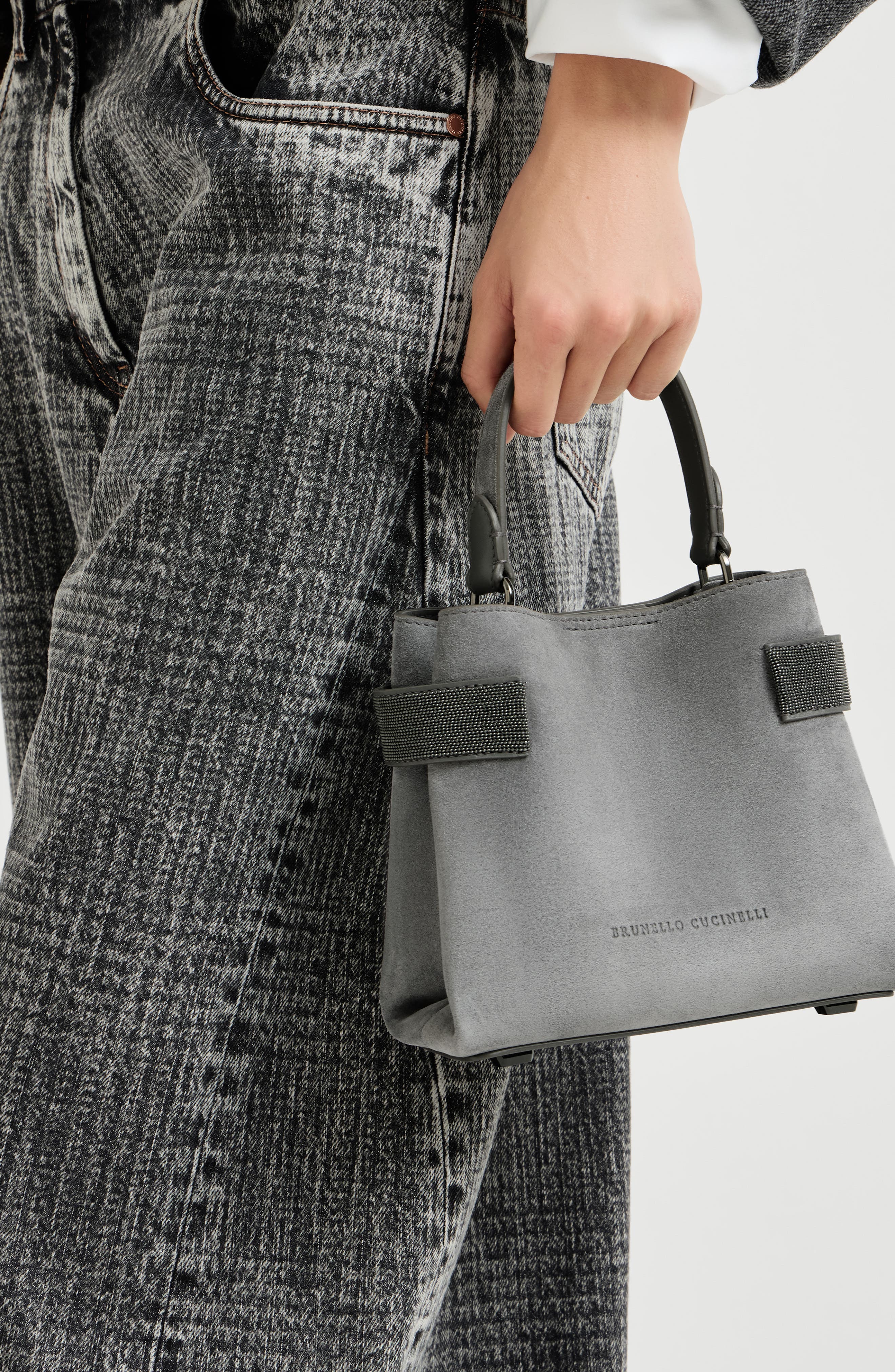 Essence small top-handle bag in suede with precious bands, Alternate, color, Stone Grey
