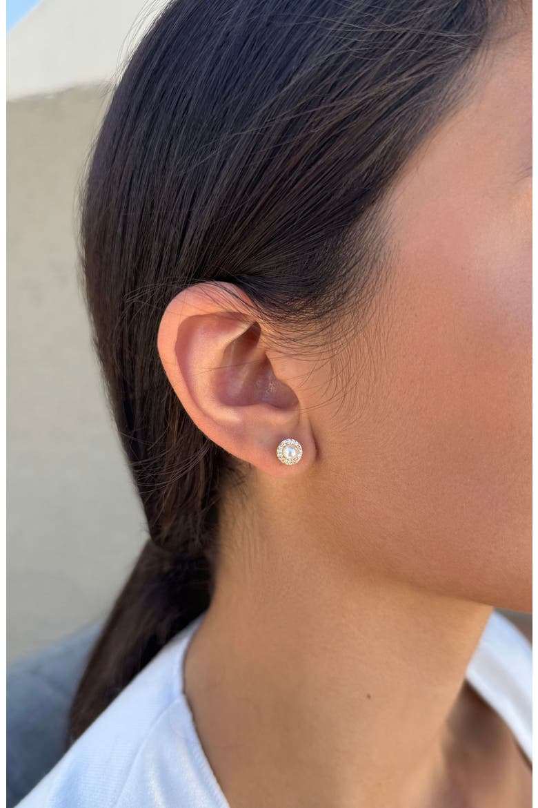 Freshwater Pearl & Cubic Zirconia Halo Stud Earrings, Alternate, color, GOLD-WHITE