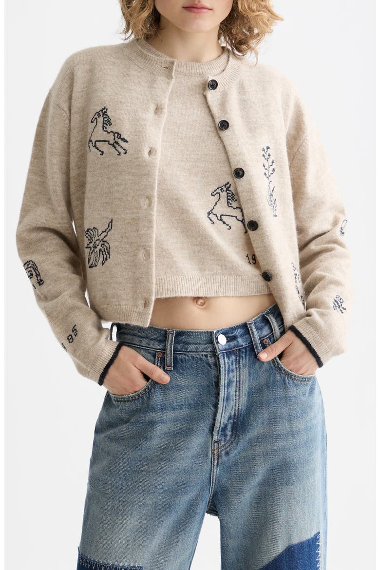 Embroidered Crewneck Cardigan, Main, color, OATMEAL MELANGE