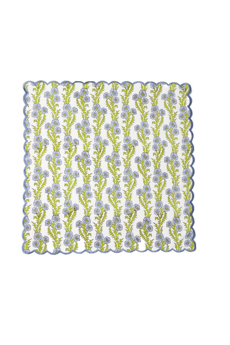 Forget-Me-Not Scallop Embroidered Blockprint Napkin - Set of 4, Main, color, Blue