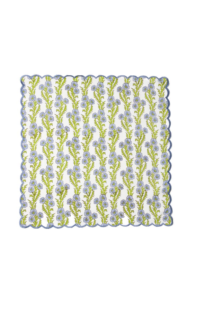 Inner Child Forget-Me-Not Scallop Embroidered Blockprint Napkin - Set of 4, Main, color, Blue