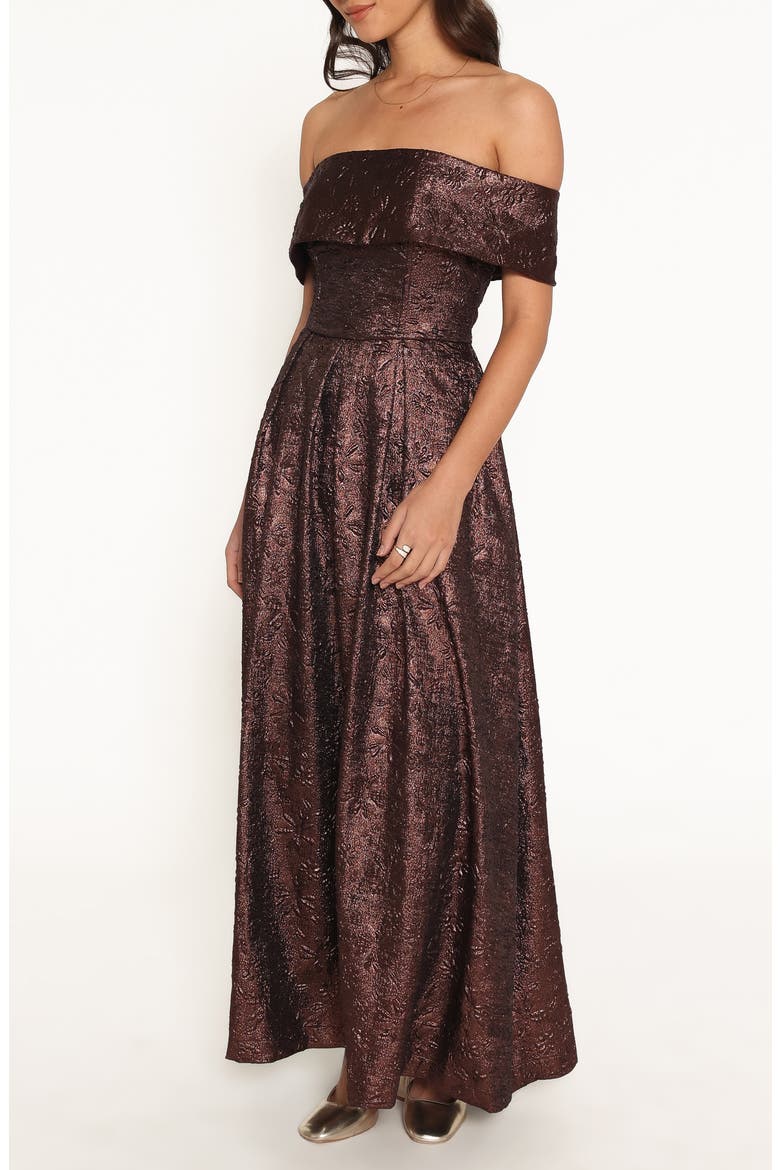Aberdine Off the Shoulder Maxi Dress, Alternate, color, BROWN BROCADE