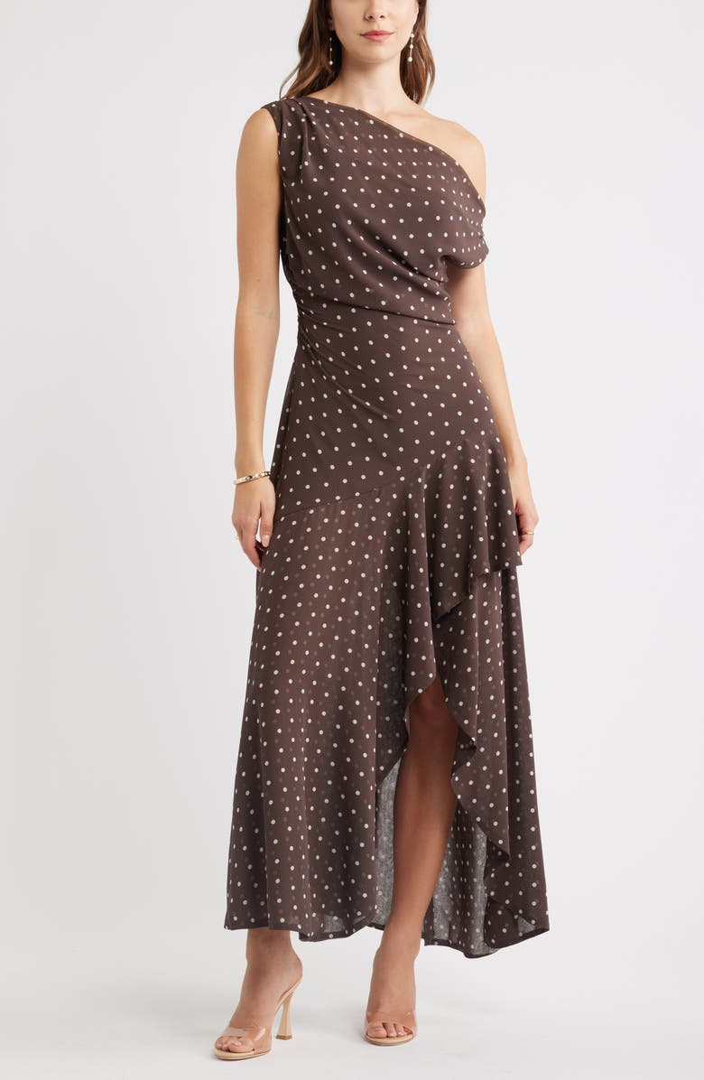 Chelsea28 Cascading Off the Shoulder Evening Dress, Main, color, Brown- Ivory Corner Dot