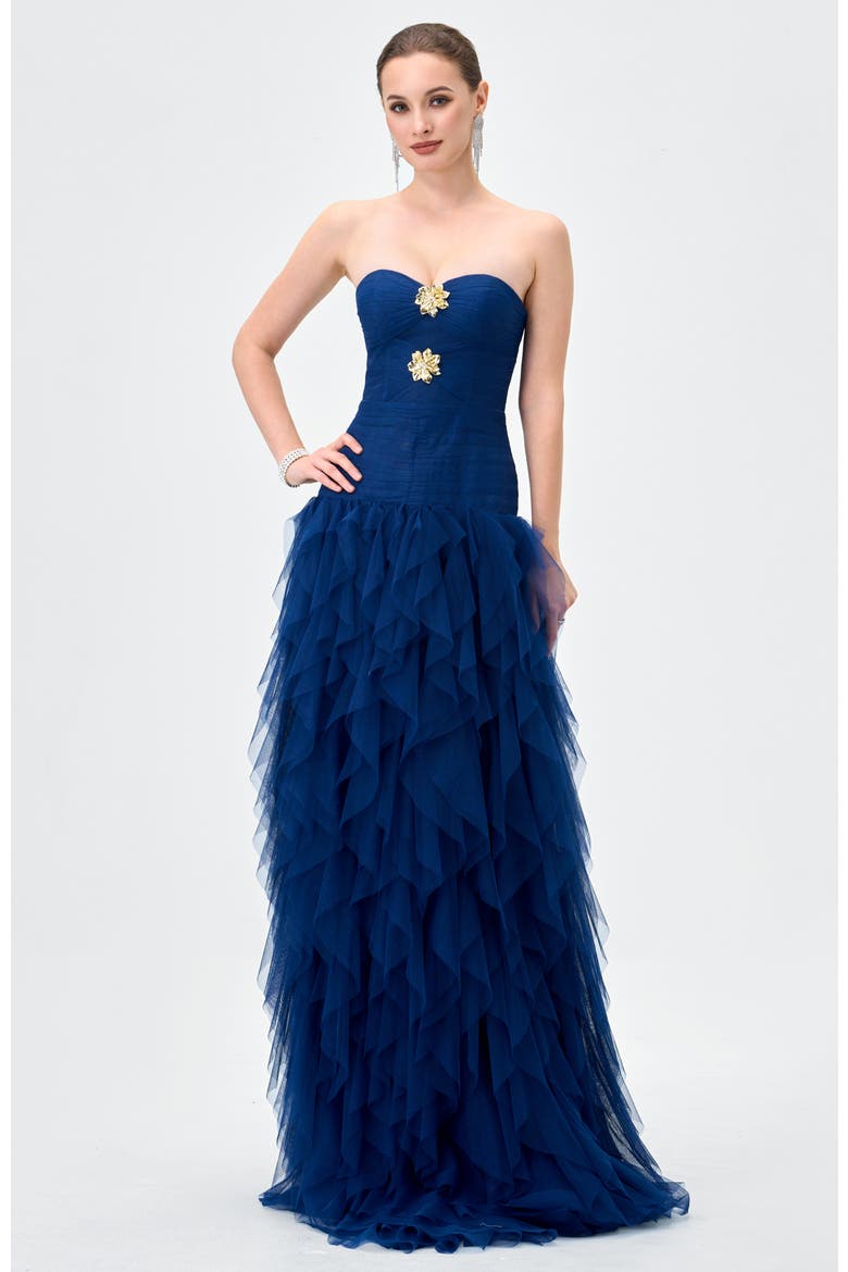 Ziana Strapless Ruffle Ball Gown, Alternate, color, NAVY