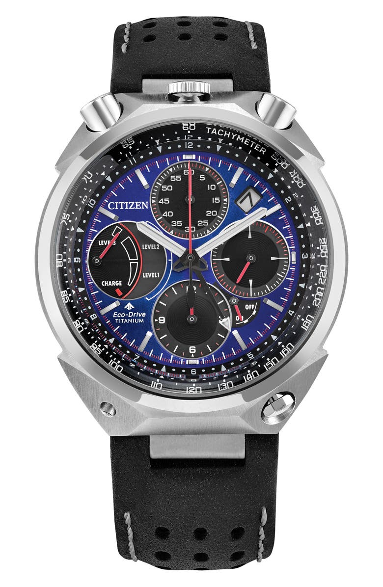Citizen Promaster Tsuno Chronograph Racer Super Titanium<sup>™</sup> Leather Strap Watch, 43.3mm, Main, color, 
