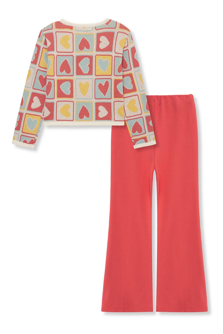 Kids' Heart Grid Sweater & Flare Leg Pants Set, Alternate, color, RED MULTI
