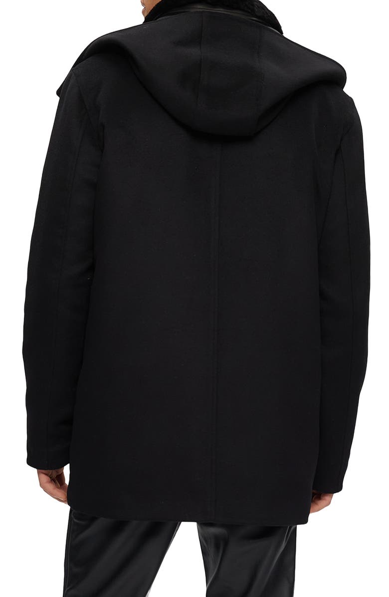 GORSKI Mens Wool Parka with Leather Trim And Detachable Hood And Genuine Shearling Collar, Alternate, color, Black/Black