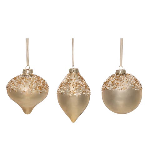 Glass Beaded Golden Ornament Set of 3 Christmas Decor