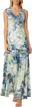 Komarov Abstract Floral Ruffle Long Dress