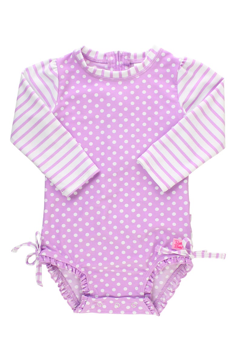 RuffleButts Polka Dot One-Piece Rashguard Swimsuit & Sun Hat Set, Alternate, color,