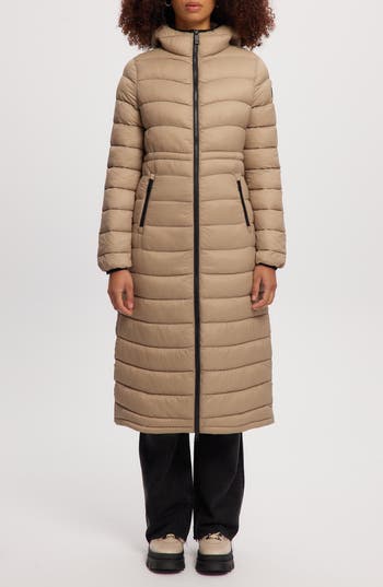 Noize Lightweight Long Puffer Coat In Sand
