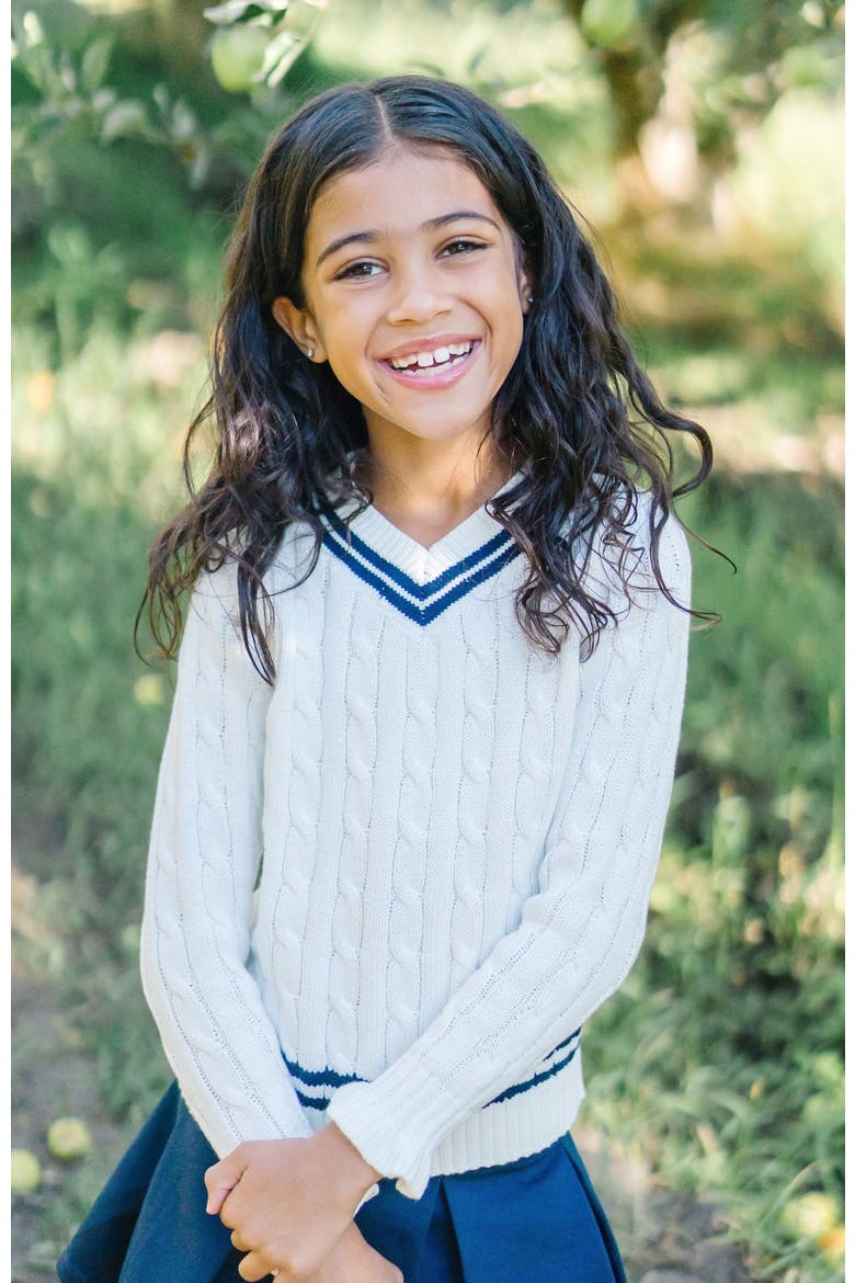 Girls' Ruffle Cuff Cricket Sweater, Kids, Alternate, color, Soft White Cable with Navy
