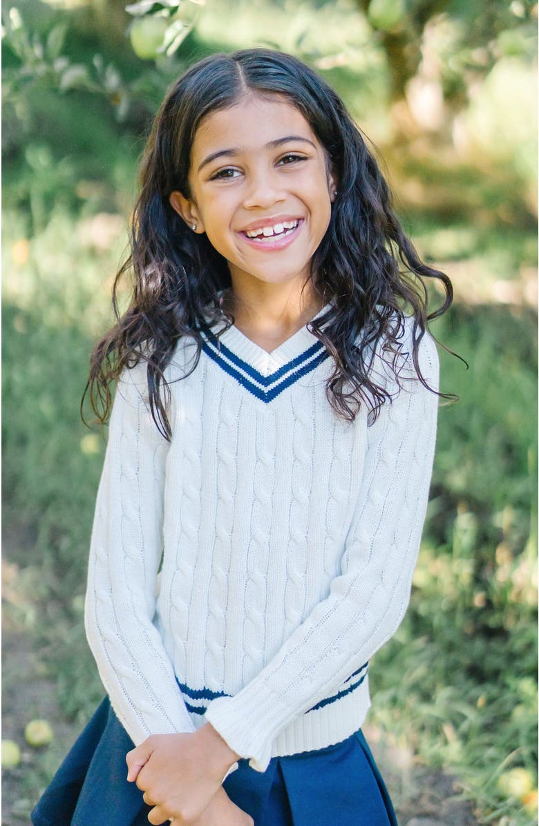 Hope & Henry Girls' Ruffle Cuff Cricket Sweater, Kids, Alternate, color, Soft White Cable With Navy