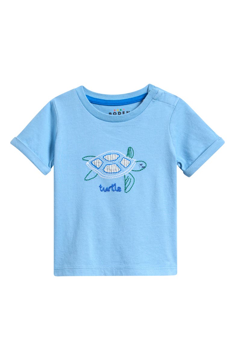 Mini Boden Embroidered Chain Stitch T-Shirt, Main, color, Blue Turtle Chain Stitch