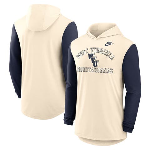 Men's Nike Natural/Navy West Virginia Mountaineers Legacy Color-Block Tri-Blend Performance Long Sleeve Hoodie T-Shirt
