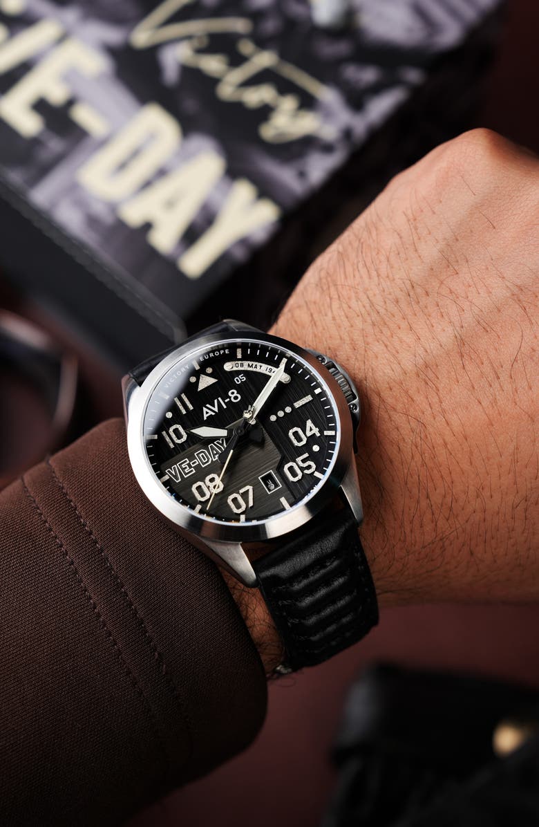 AVI-8 P-51 Mustang Patriot Automatic VE-Day 80th Anniversary Limited Edition Leather Strap Watch, 43mm, Alternate, color, Black