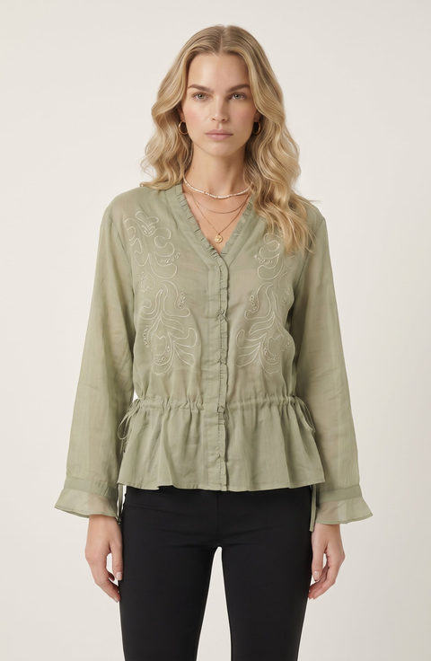 Embroidered Ruffle Trim Blouse with Drawstring Waist and Flared Cuffs