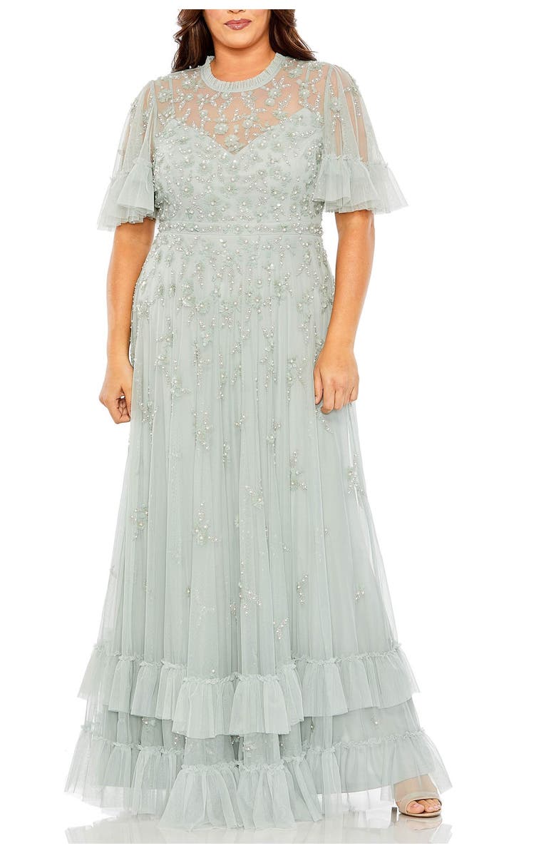 Mac Duggal Rufflered Floral Embellished Flutter Sleeve A Line, Main, color, Sage