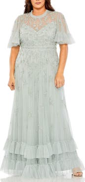 Mac Duggal Rufflered Floral Embellished Flutter Sleeve A Line