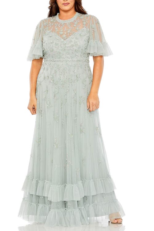 Mac Duggal Ruffled Floral Embellished Flutter Sleeve A Line Gown In Sage