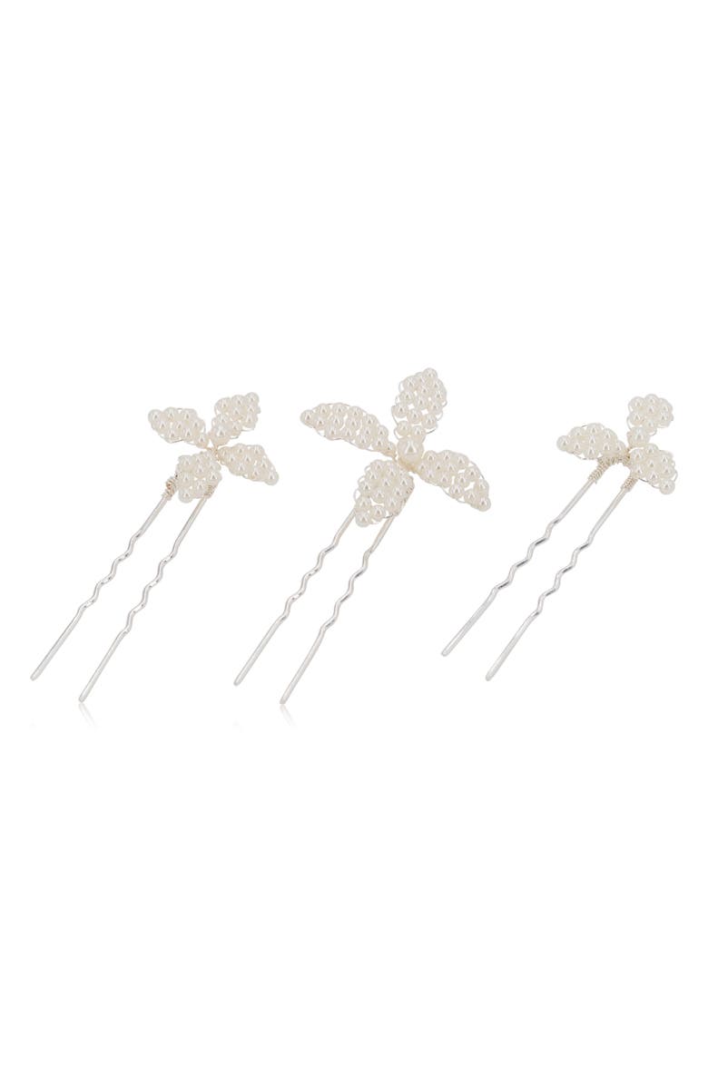 Brides & Hairpins Gisella Set of 3 Imitation Pearl Hair Pins, Main, color, Silver