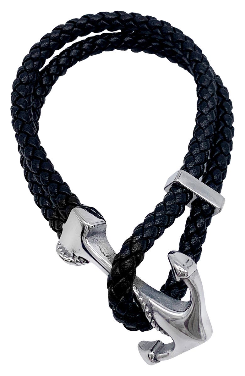 Adornia Water Resistant Anchor Braided Leather Bracelet, Main, color, Silver