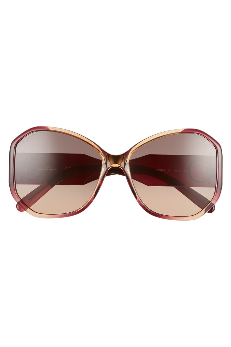 Salvatore Ferragamo Gancio 61mm Butterfly Sunglasses, Alternate, color, WINE CARAMEL