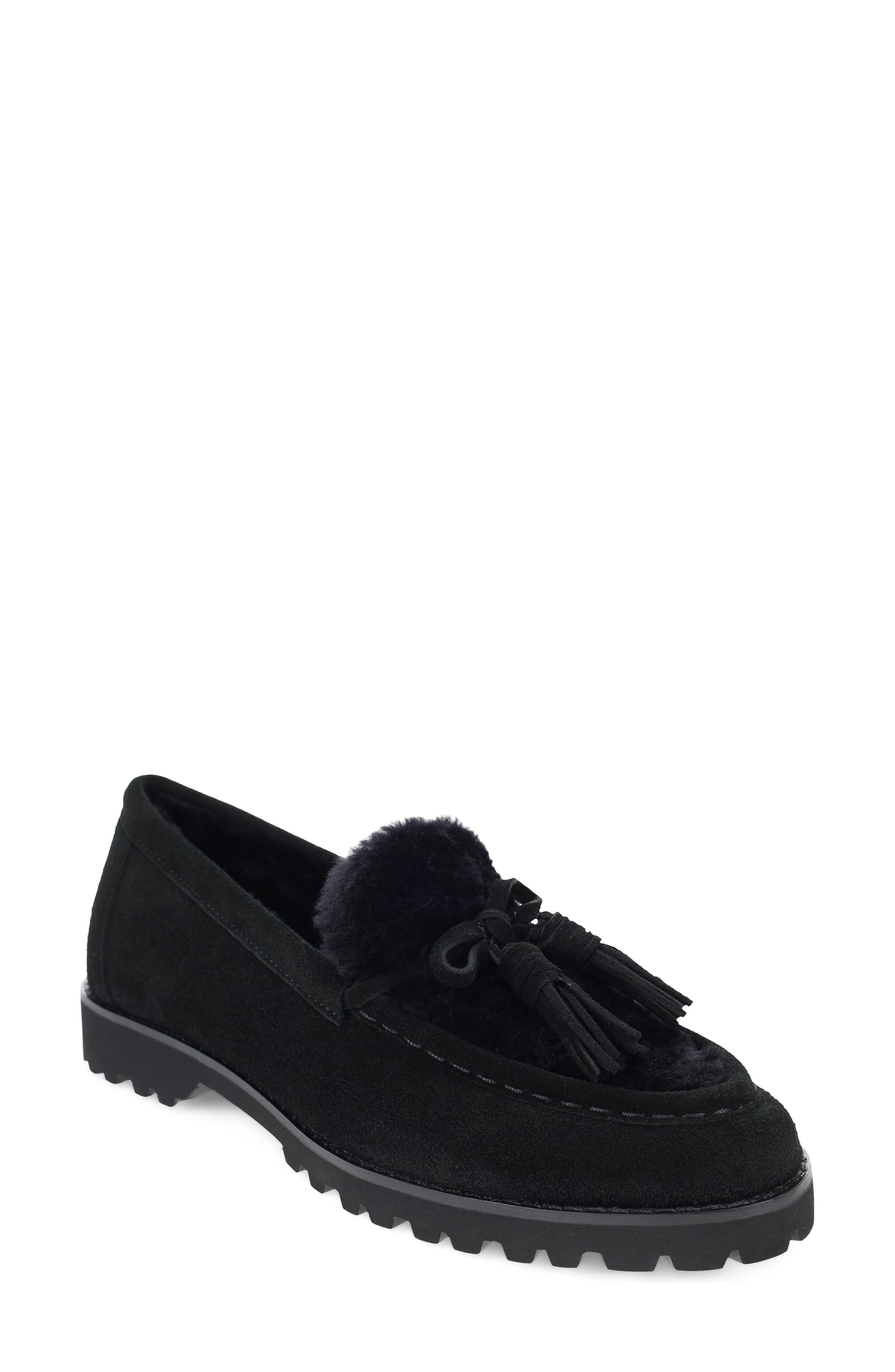 Coraly 2 Leather Loafer with Genuine Shearling Trim, Main, color, BLACK