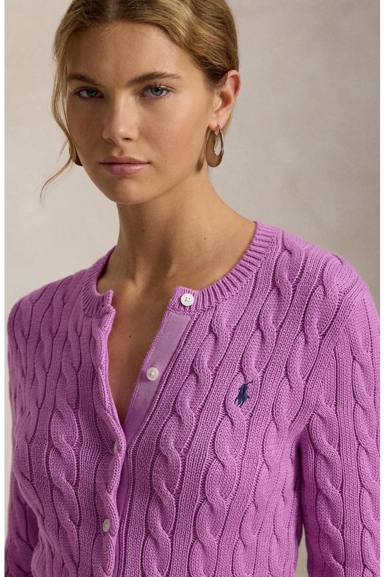 Cable Stitch Cotton Crewneck Cardigan, Alternate, color, THISTLE PINK