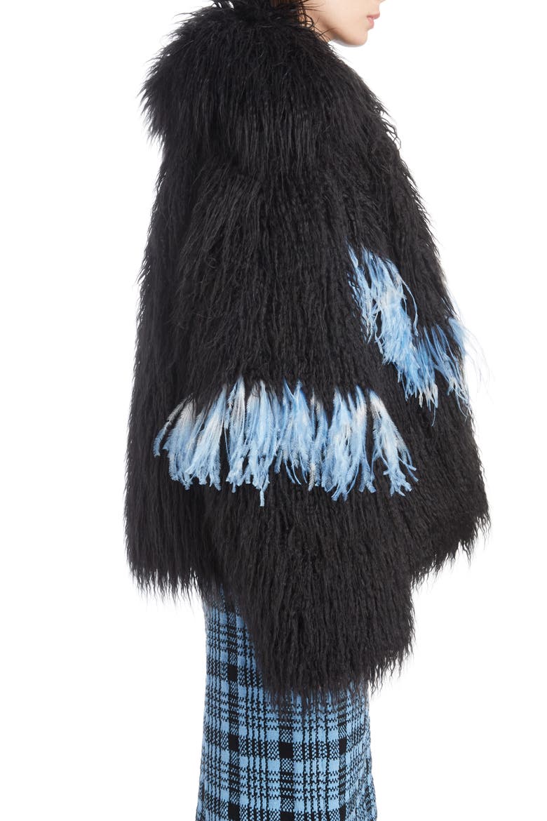Feather Trim Faux Fur Jacket, Alternate, color, BLACK